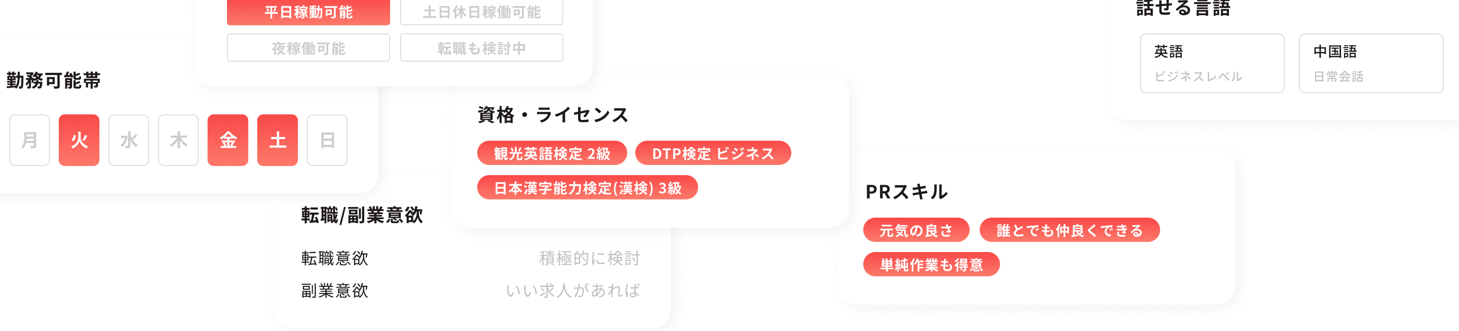 勤務可能時間、希望する働き方、資格・ライセンス、転職・副業意欲、PRスキル、話せる言語